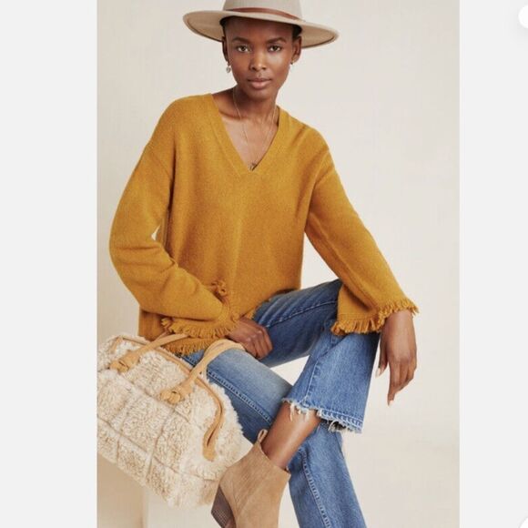 Anthropologie S Joy Mustard Soft Knit Fringe Hem V-Neck Jumper Sweater - Picture 3 of 16